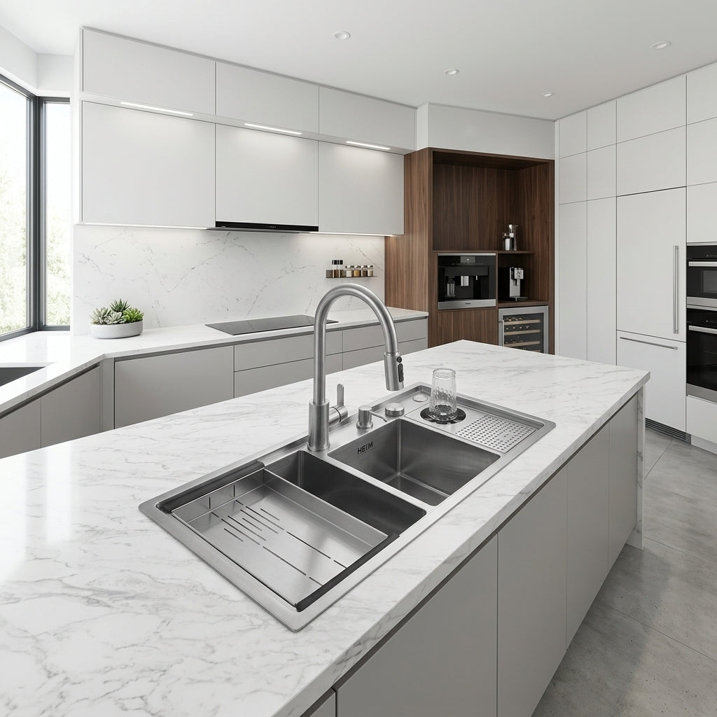 Tarja de Cocina 90 cm Dos Tinas con Sistema de Enjuague HEIM Acero Inoxidable | HEIM HK 90 AS-2